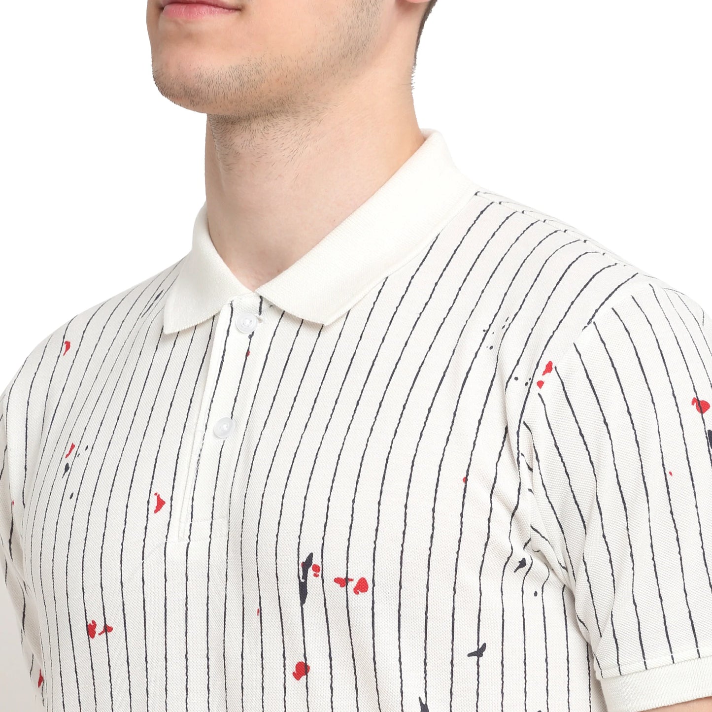 Men Off-White  Black Striped Polo Collar T-shirt