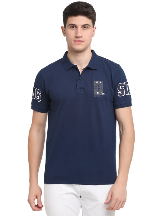 Men Navy Blue Solid Polo Collar T-shirt