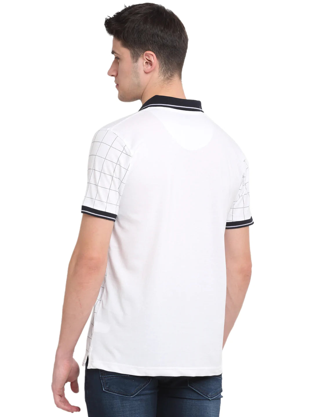 Men White  Black Checked Polo Collar T-shirt