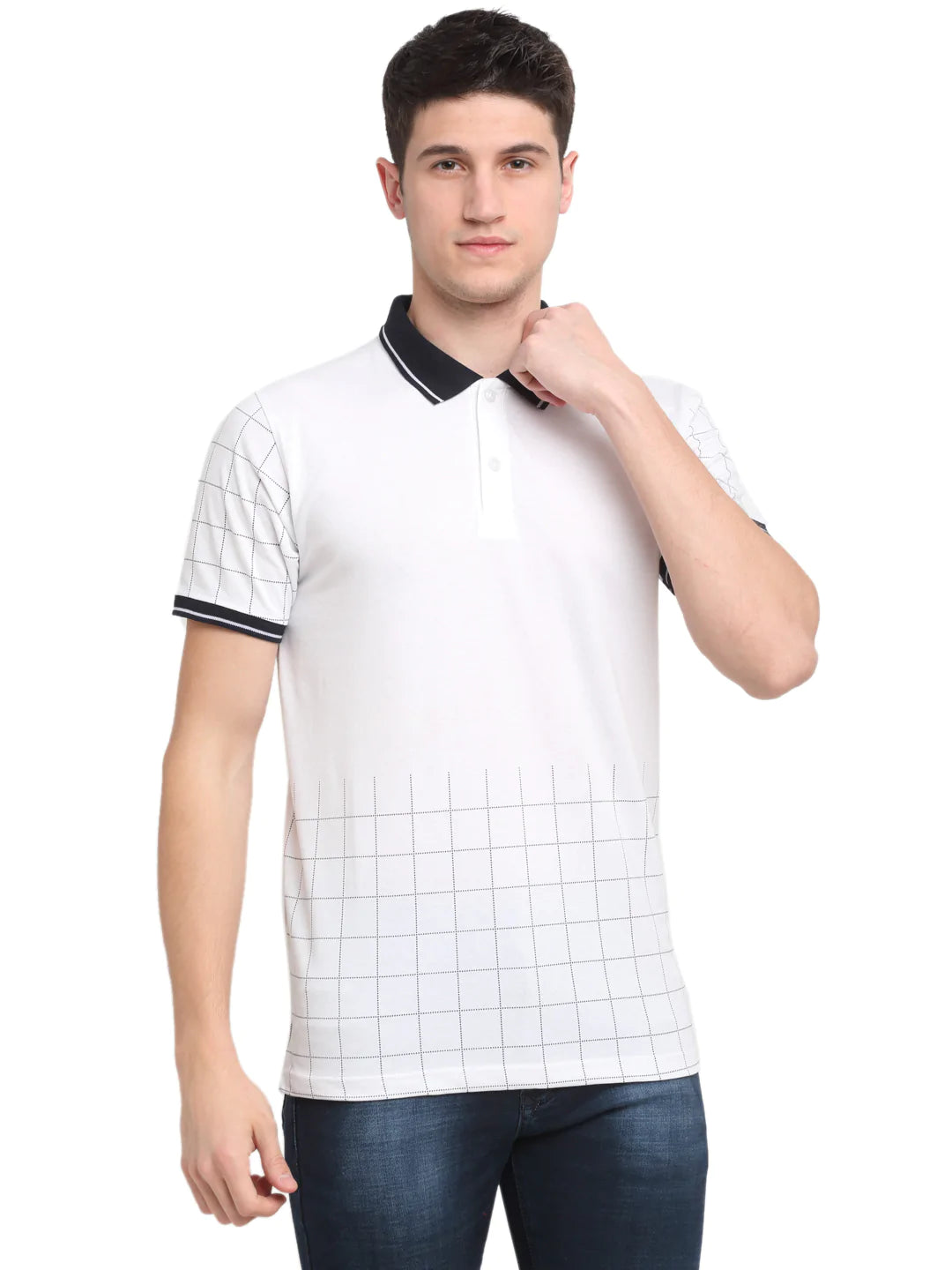 Men White  Black Checked Polo Collar T-shirt