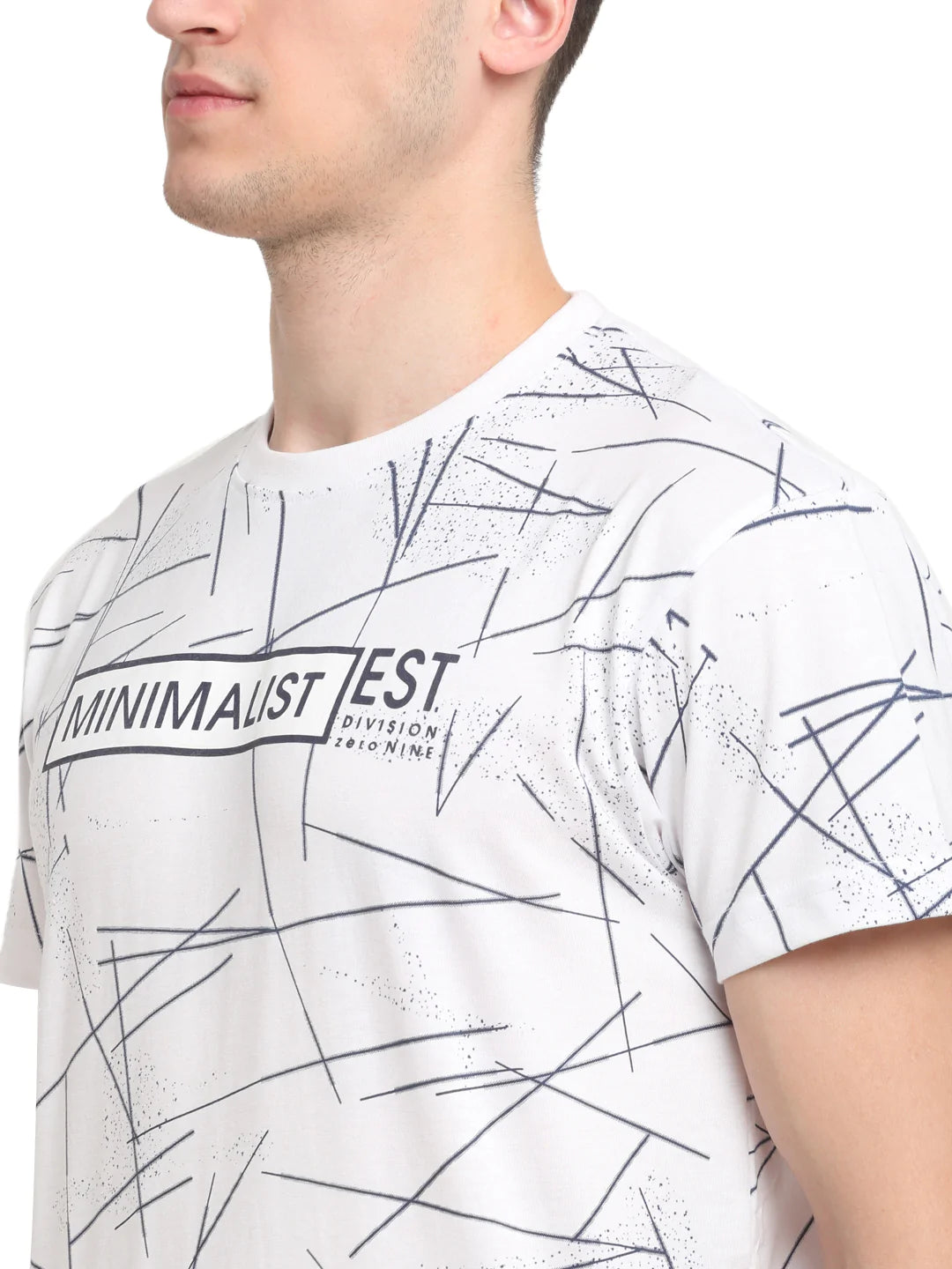 Men White Black Printed Round Neck T-shirt