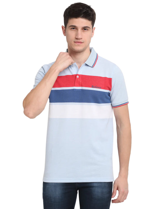 Men Blue  Red Striped Polo Collar T-shirt