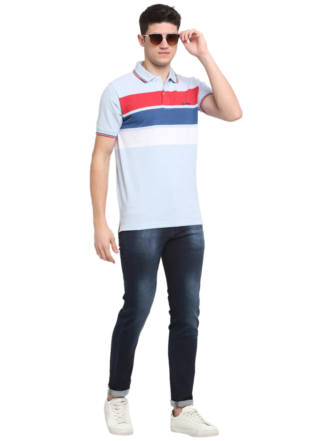Men Blue  Red Striped Polo Collar T-shirt