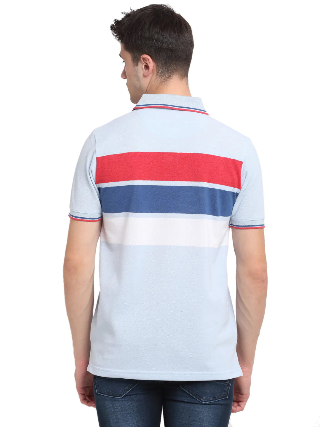 Men Blue  Red Striped Polo Collar T-shirt