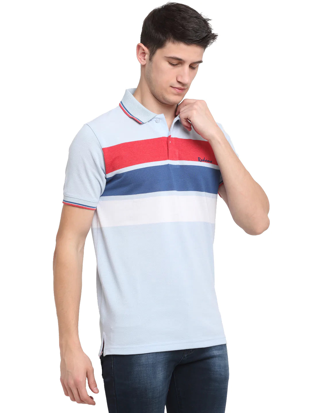 Men Blue  Red Striped Polo Collar T-shirt
