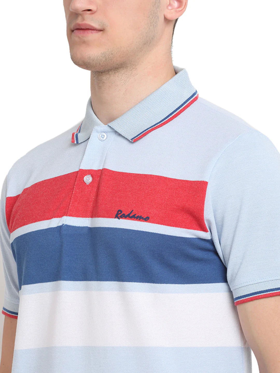 Men Blue  Red Striped Polo Collar T-shirt