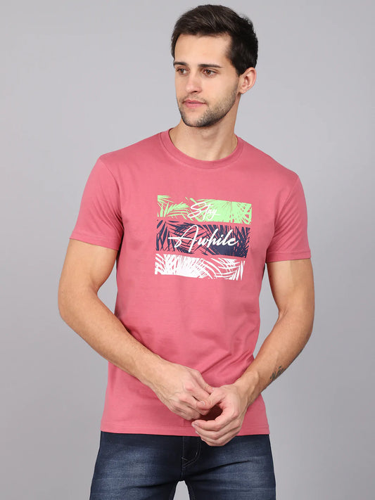 Men Pink  Green Typography Printed Slim Fit T-shirt