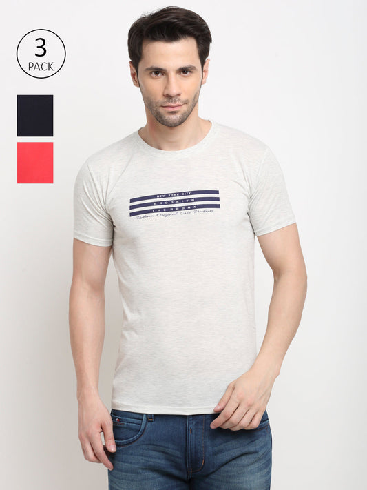 Men Red, Navy & Grey Pack of 3 Solid Cotton Lounge Tshirts