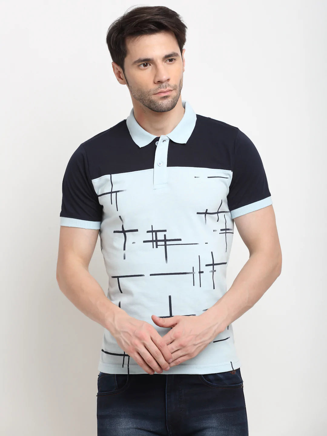 Men Blue Colourblocked Polo Collar Slim Fit T-shirt