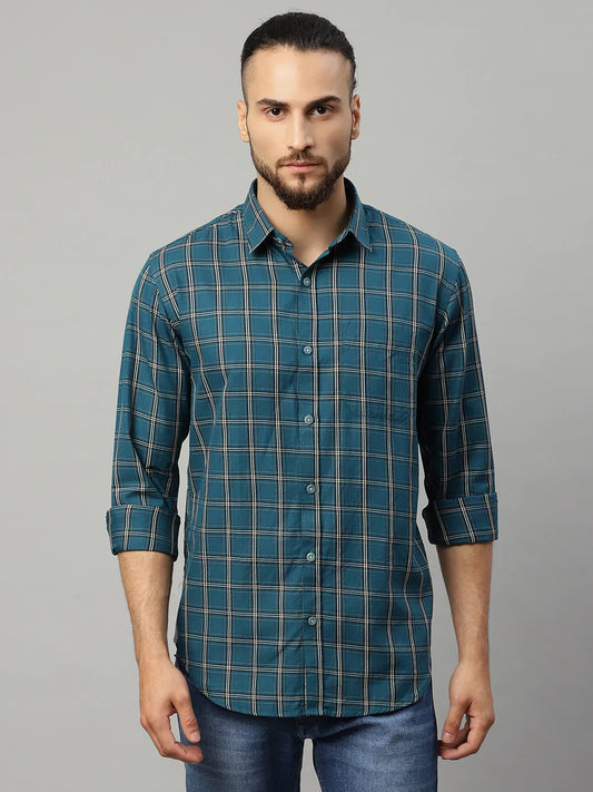 Men Blue Slim Fit Checked Casual Shirt