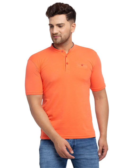 Men Orange Solid Henley Neck Cotton T-shirt