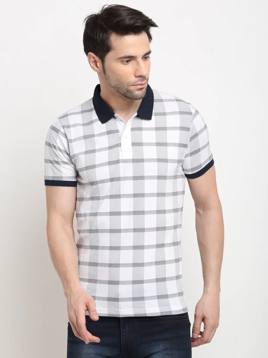 Men White Checked Polo Collar Slim Fit T-shirt