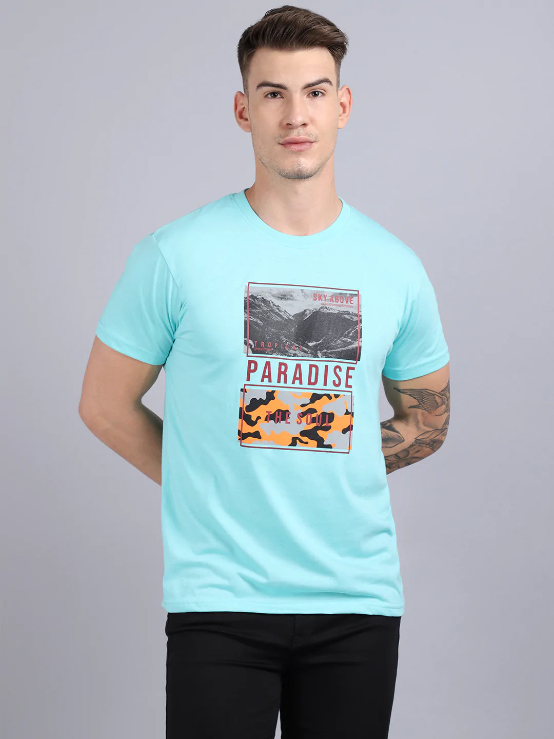 Men Green Typography Printed Slim Fit Cotton T-shirt
