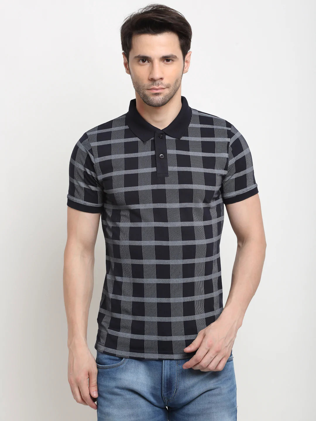 Men Dark Navy Blue Checked Polo Collar Slim Fit T-shirt