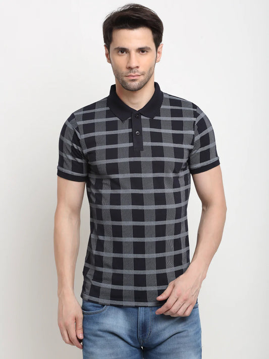 Men Dark Navy Blue Checked Polo Collar Slim Fit T-shirt