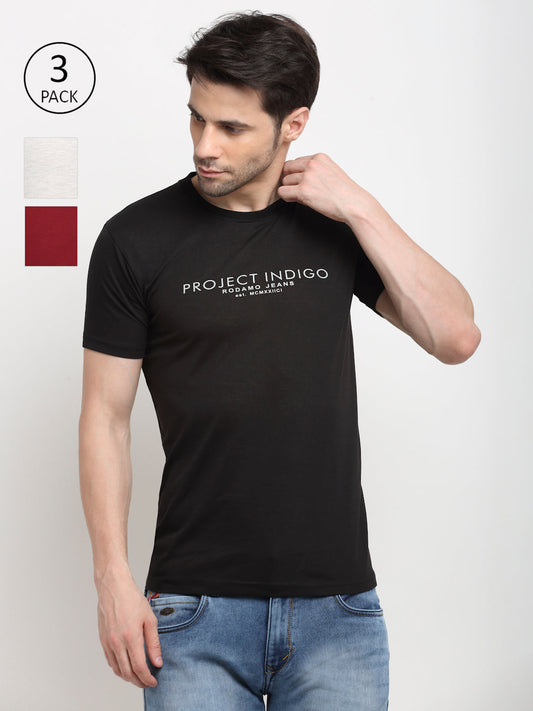 Men Black, Grey & Maroon Pack of 3 Solid Cotton Lounge Tshirts