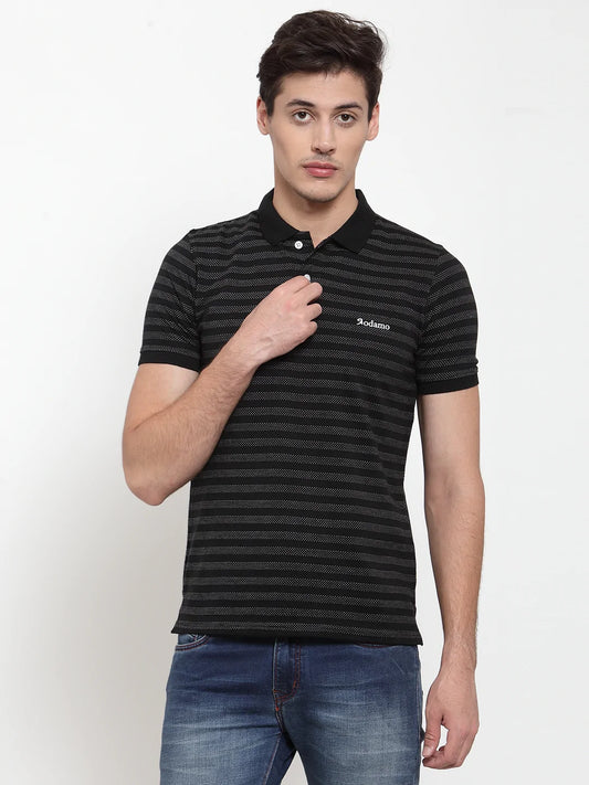 Men Black  White Striped Polo Collar T-shirt