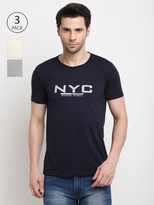 Men Navy, Grey & Yellow Pack of 3 Solid Cotton Lounge Tshirts