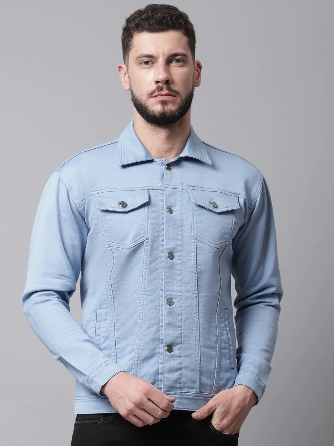 Men Blue Denim Cotton Jacket with Patchwork