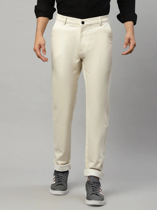 Men Cream-Coloured Slim Fit Trousers