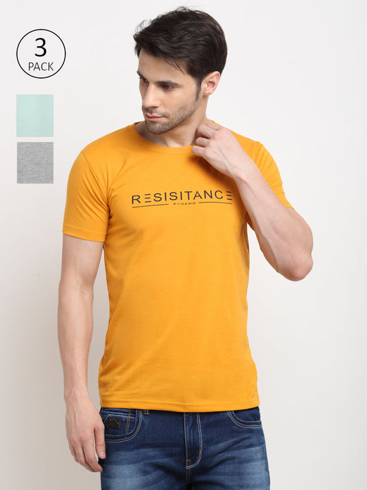 Men Mustard, Grey & Green Pack of 3 Solid Cotton Lounge Tshirts