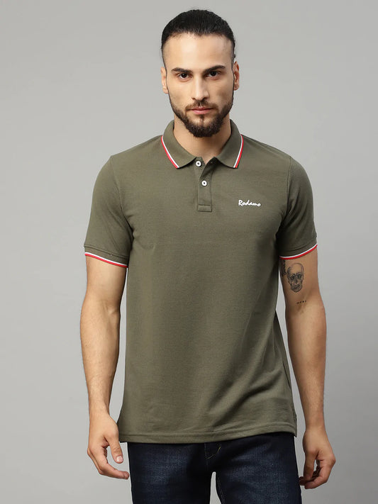 Men Olive Green Polo Collar T-shirt