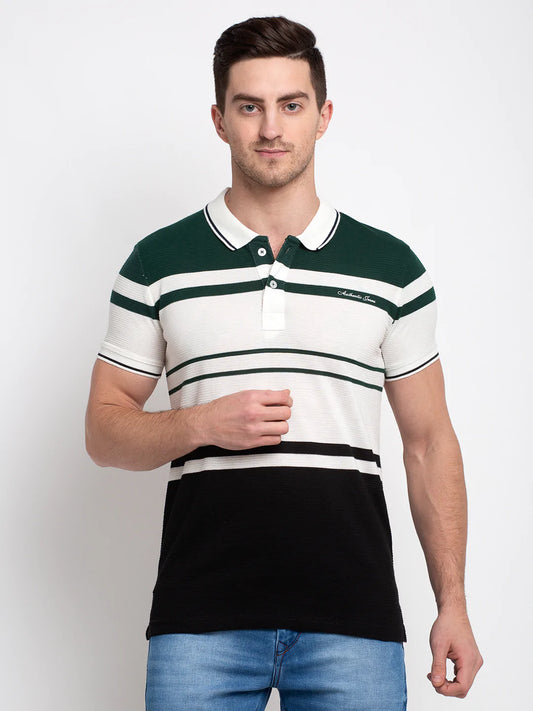 Men Green  White Striped Polo Collar T-shirt