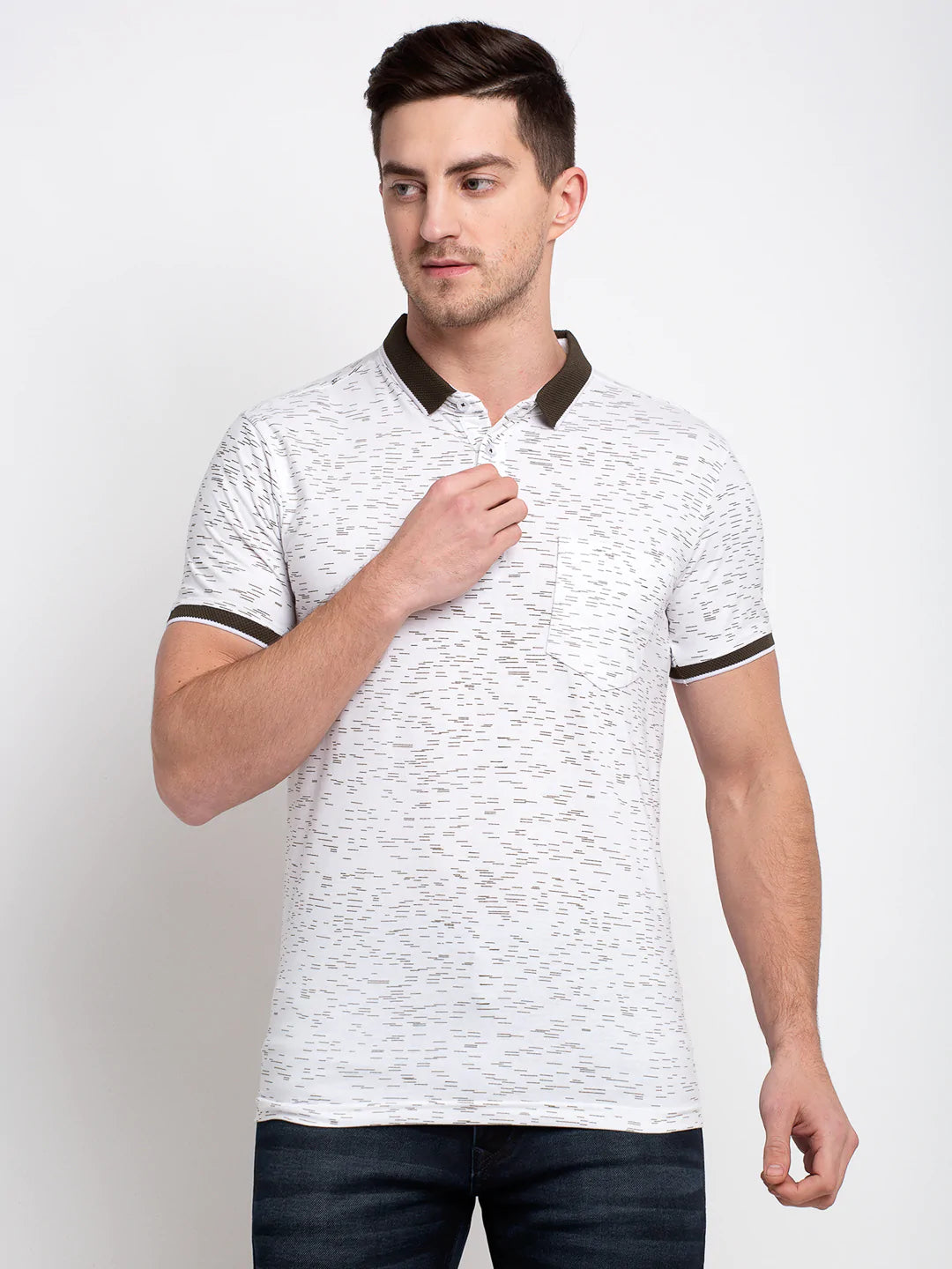 Men White Printed Polo Collar T-shirt