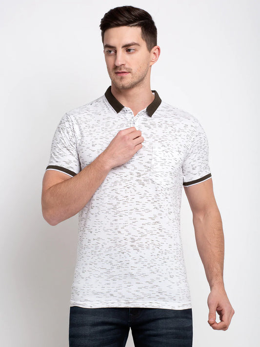 Men White Printed Polo Collar T-shirt