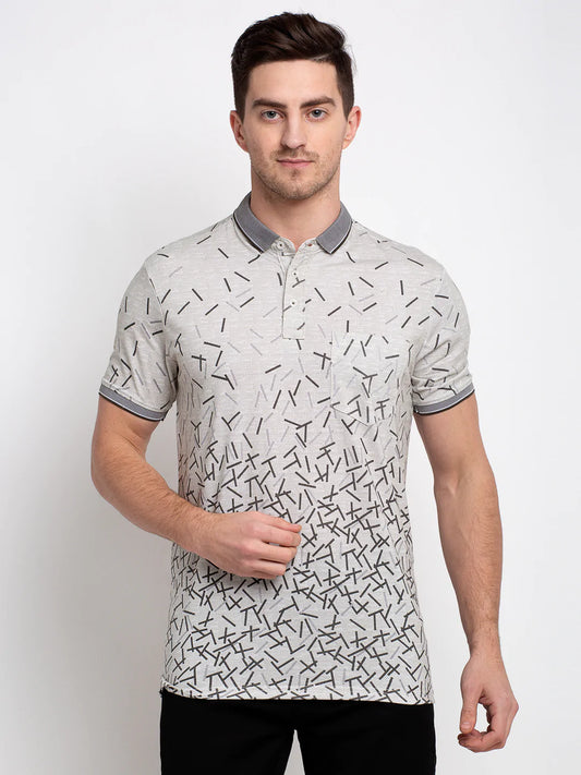 Men Grey Printed Polo Collar T-shirt