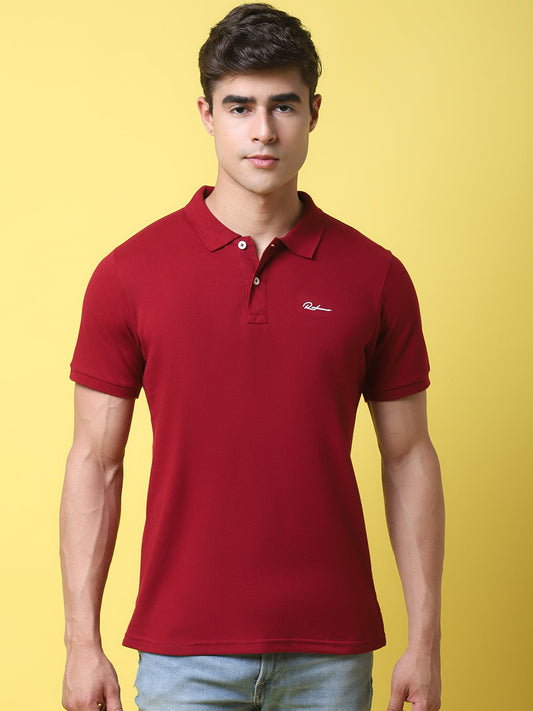 Polo Collar Maroon Slim Fit Cotton T-Shirt