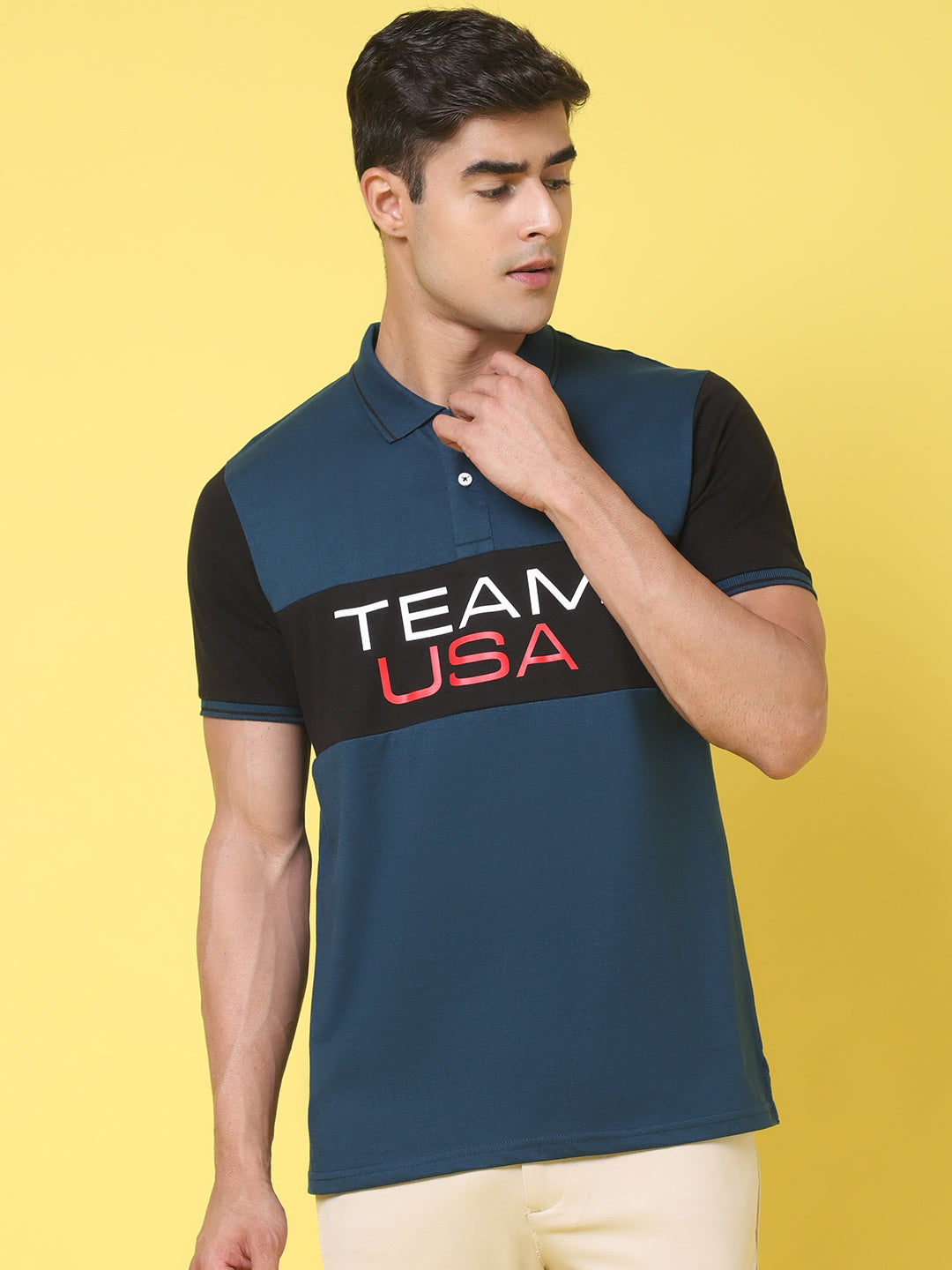Typography Printed Polo Collar Slim Fit T-shirt
