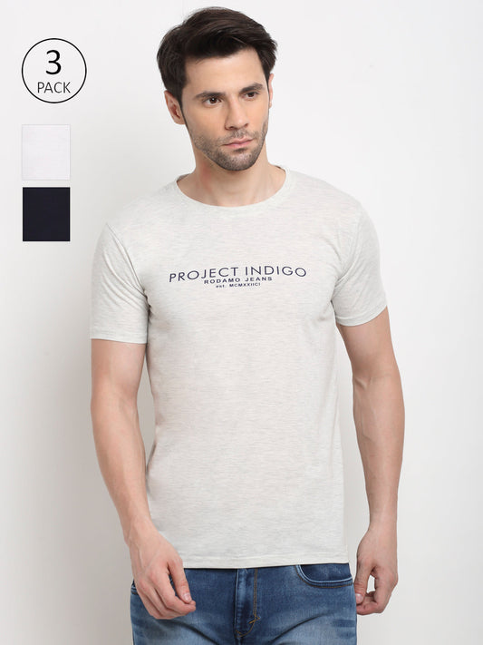 Men White, Grey & Navy Pack of 3 Solid Cotton Lounge Tshirts