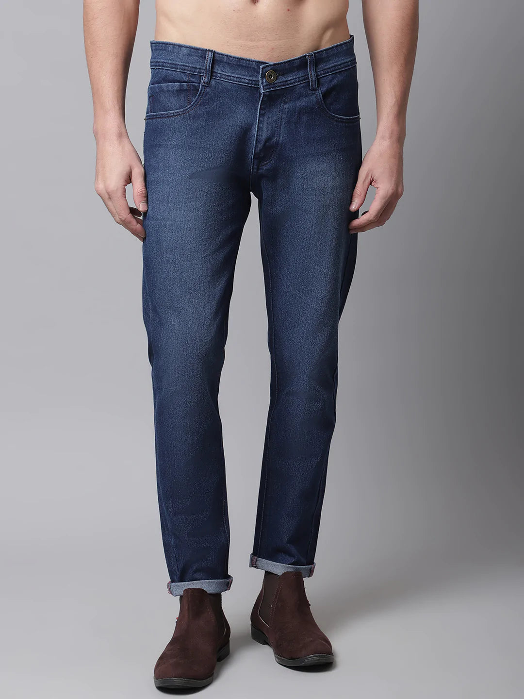 Men Blue Cotton Slim Fit Low Distress Light Fade Stretchable Jeans