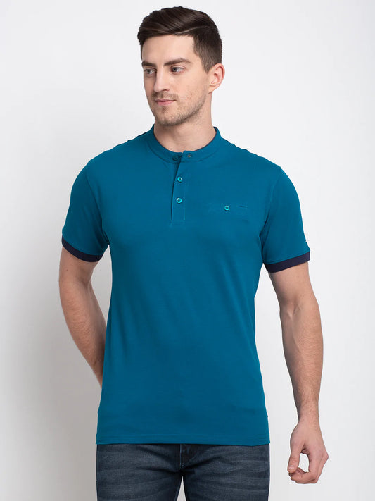 Men Blue Solid Henley Neck T-shirt
