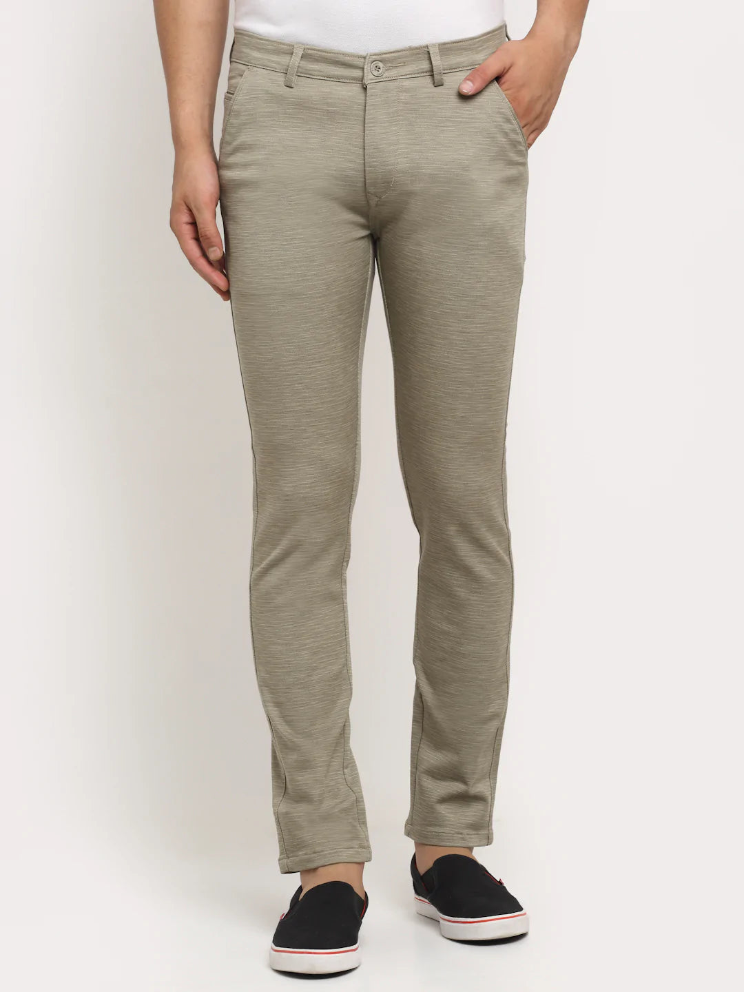 Men Khaki Textured Slim Fit Trousers