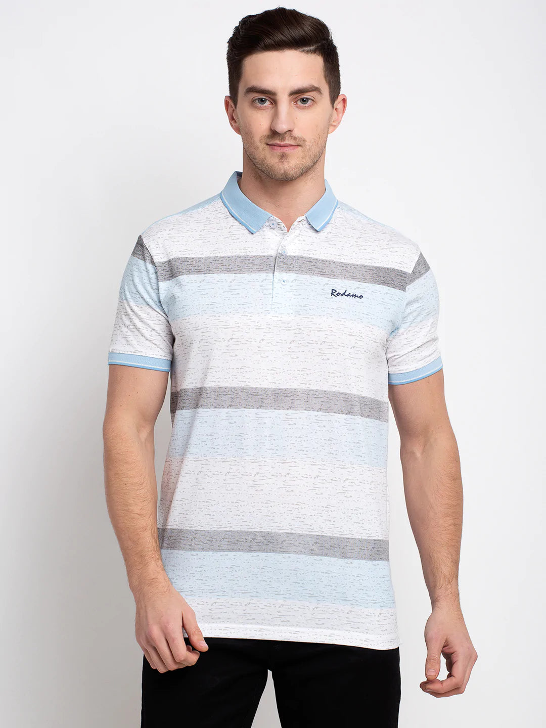 Men Blue Slim Fit Striped Polo Collar T-shirt