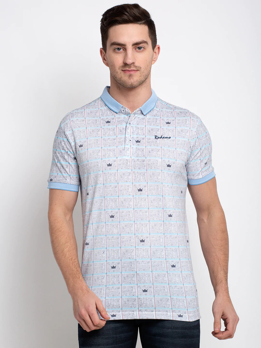 Men Grey Self Design Polo Collar T-shirt