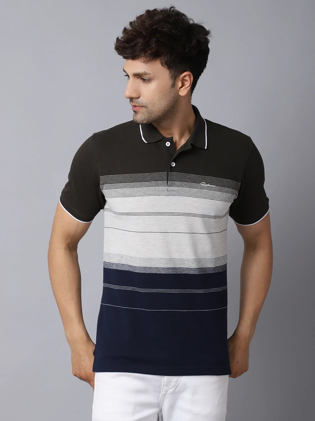 Men Black White Striped Polo Collar Slim Fit T shirt Rodamo
