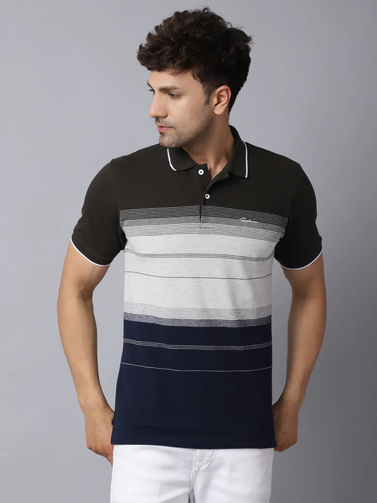 Men Black  White Striped Polo Collar Slim Fit T-shirt