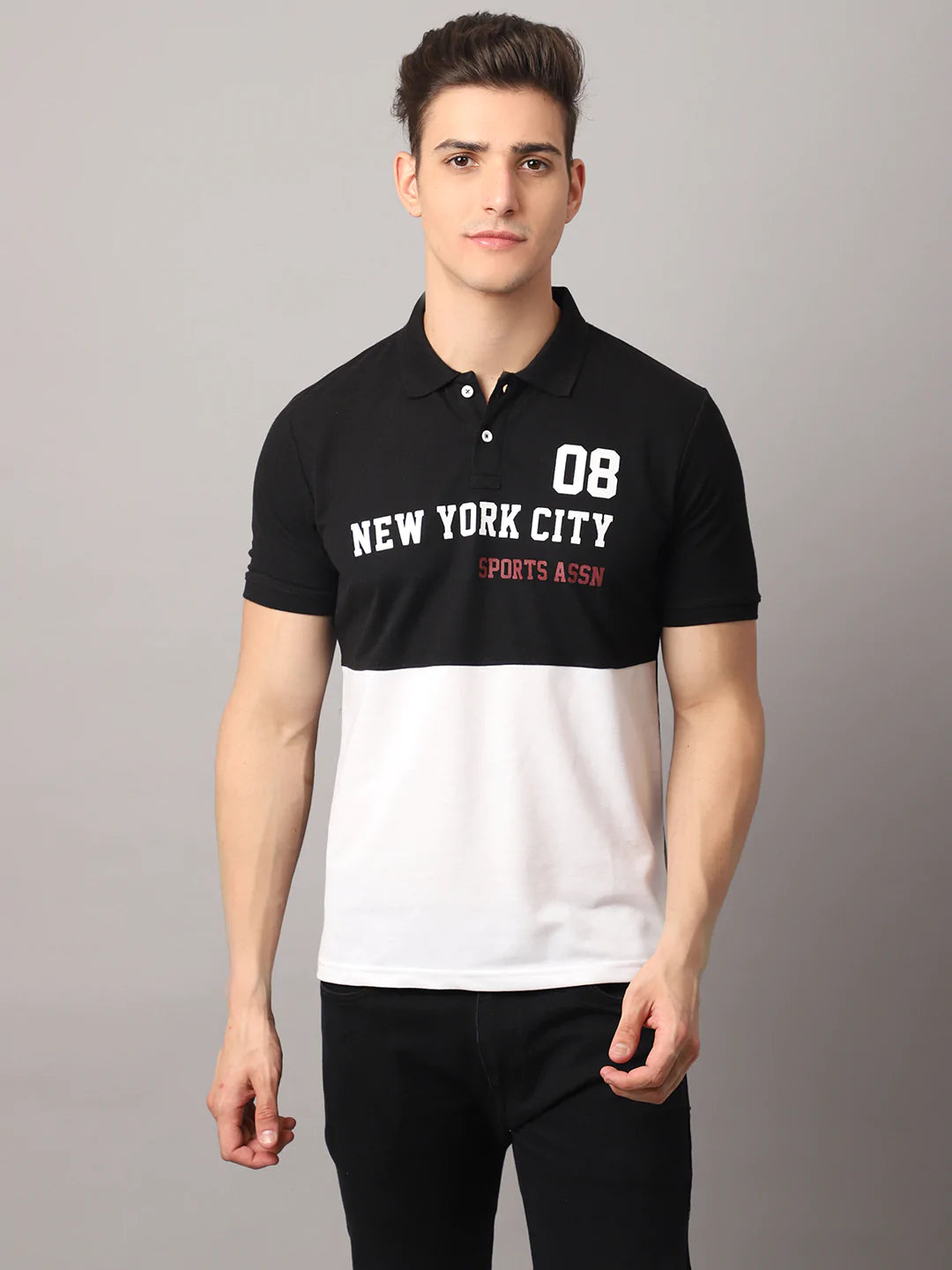 Men Black Typography Polo Collar Slim Fit T-shirt