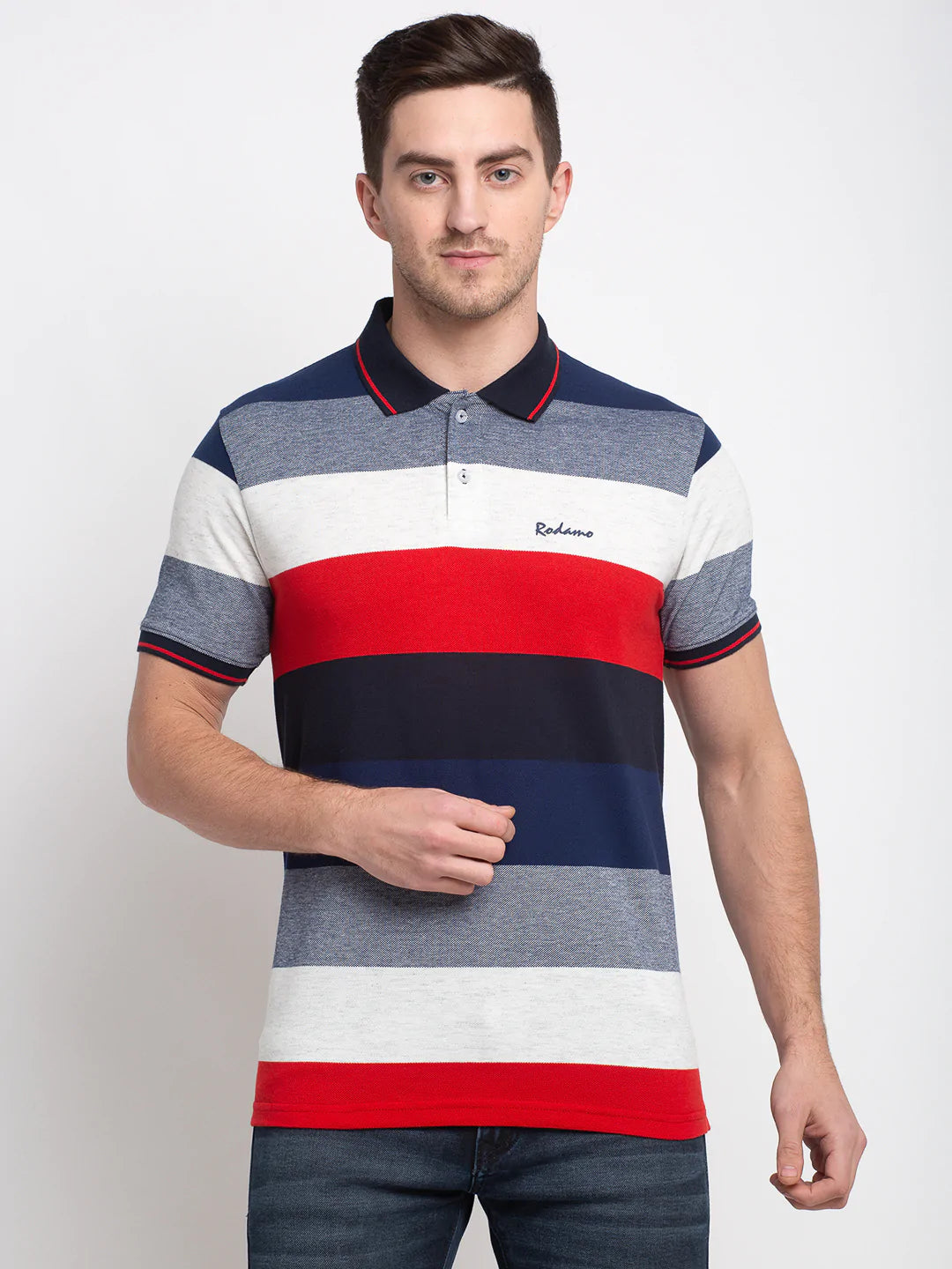 Men Multicoloured Striped Polo Collar T-shirt