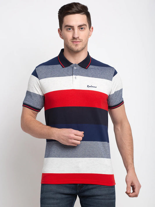 Men Multicoloured Striped Polo Collar T-shirt