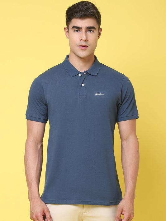 Polo Collar Blue Slim Fit Cotton T-Shirt