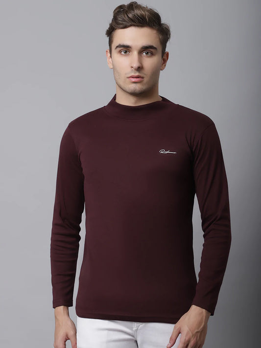 Men Maroon Cotton High Neck Solid Slim Fit T-shirt