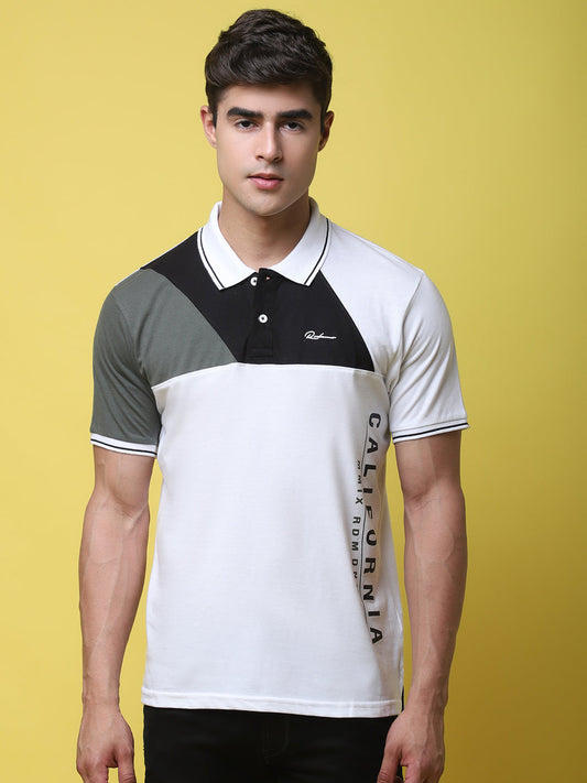 Typography Printed Colourblocked Polo Collar Cotton Slim Fit T-shirt