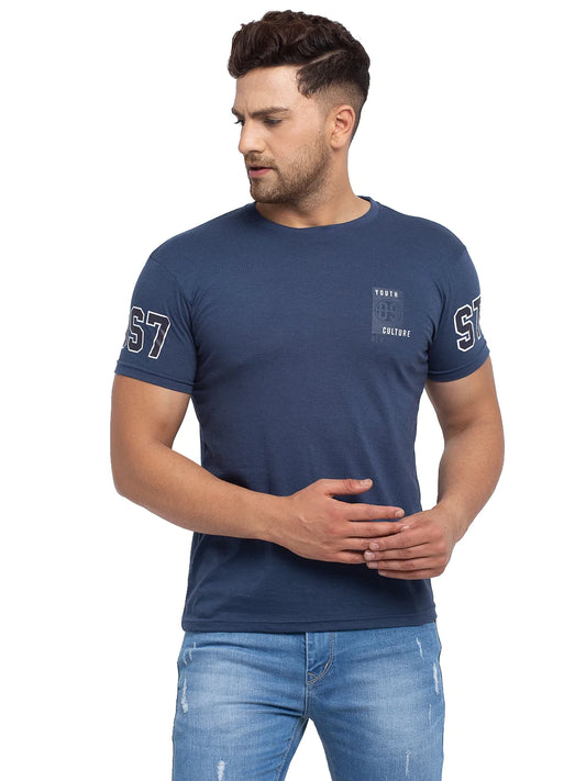 Men Navy Blue Solid Round Neck T-shirt