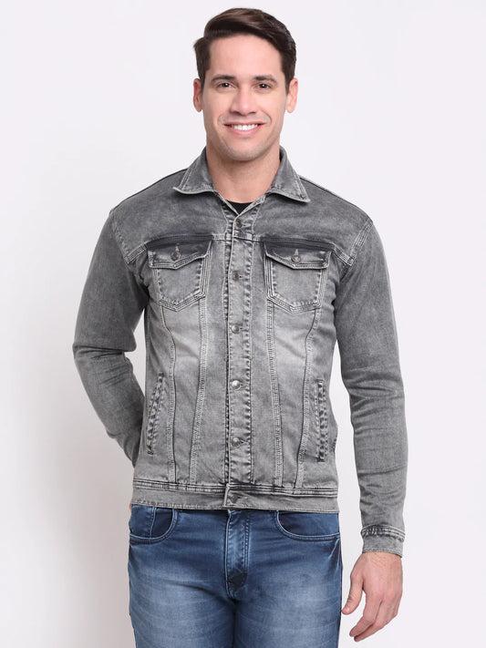 Men Grey Slim Fit Washed Cotton Denim Jacket
