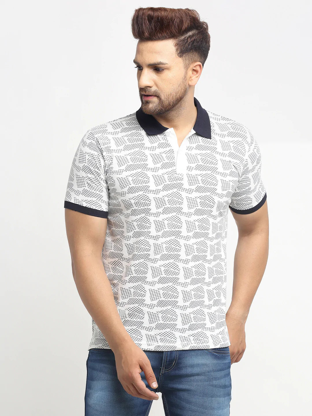Men White Printed Polo T-Shirts
