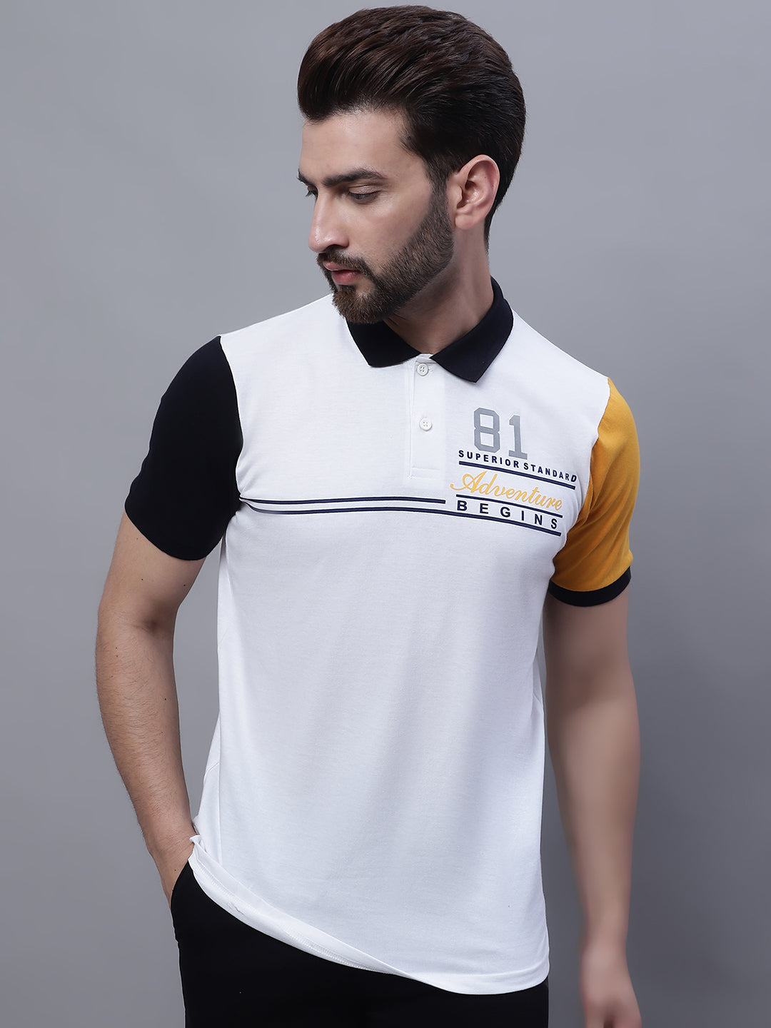 Typography Printed Polo Collar Slim Fit Cotton T-shirt